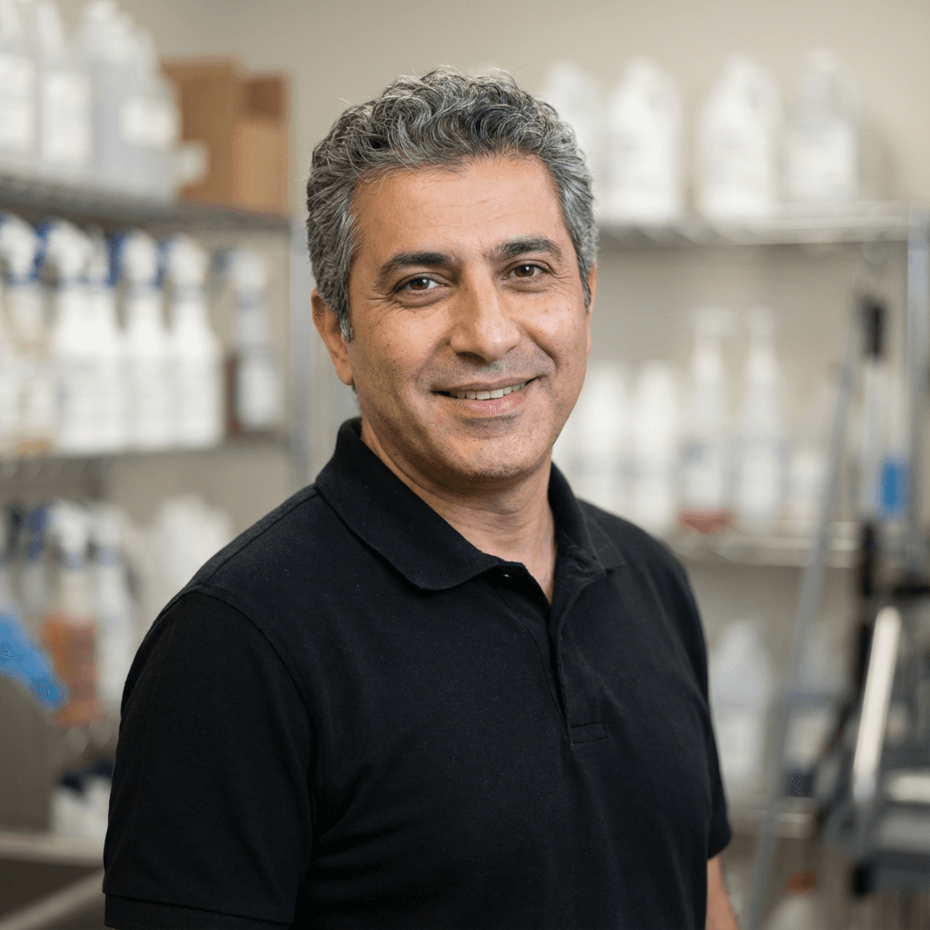 Smiling man with salt-and-pepper hair wearing a black polo shirt in front of supply shelves.