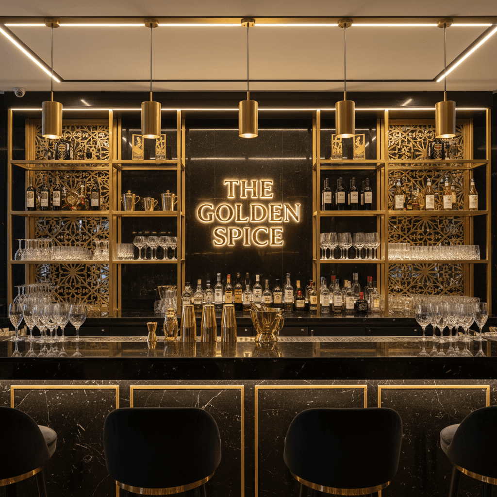 Luxurious gold and black bar with elegant decor in a high-end Indian restaurant