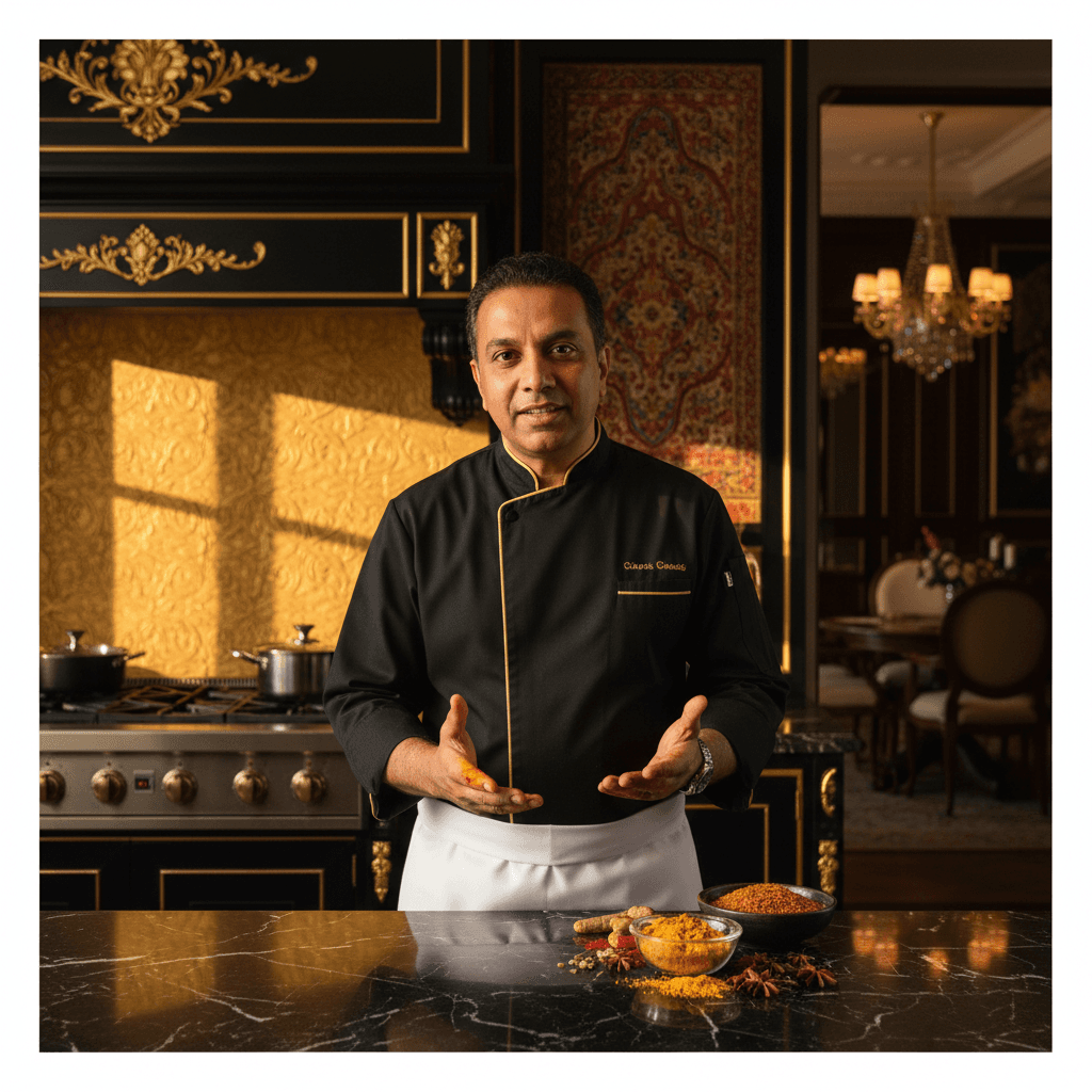 Chef standing in the dark kitchen with warm side lighting