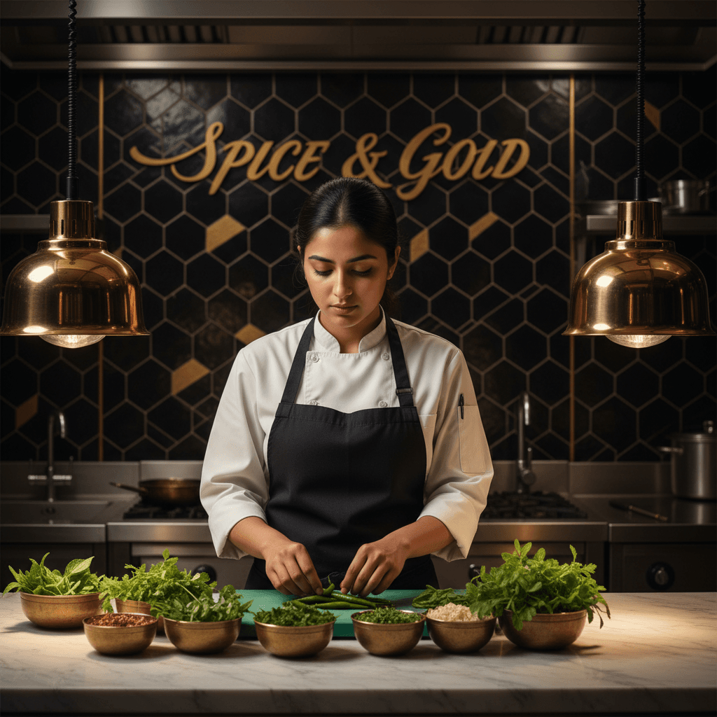 Sous chef inspects fresh herbs in an elegant black and gold kitchen
