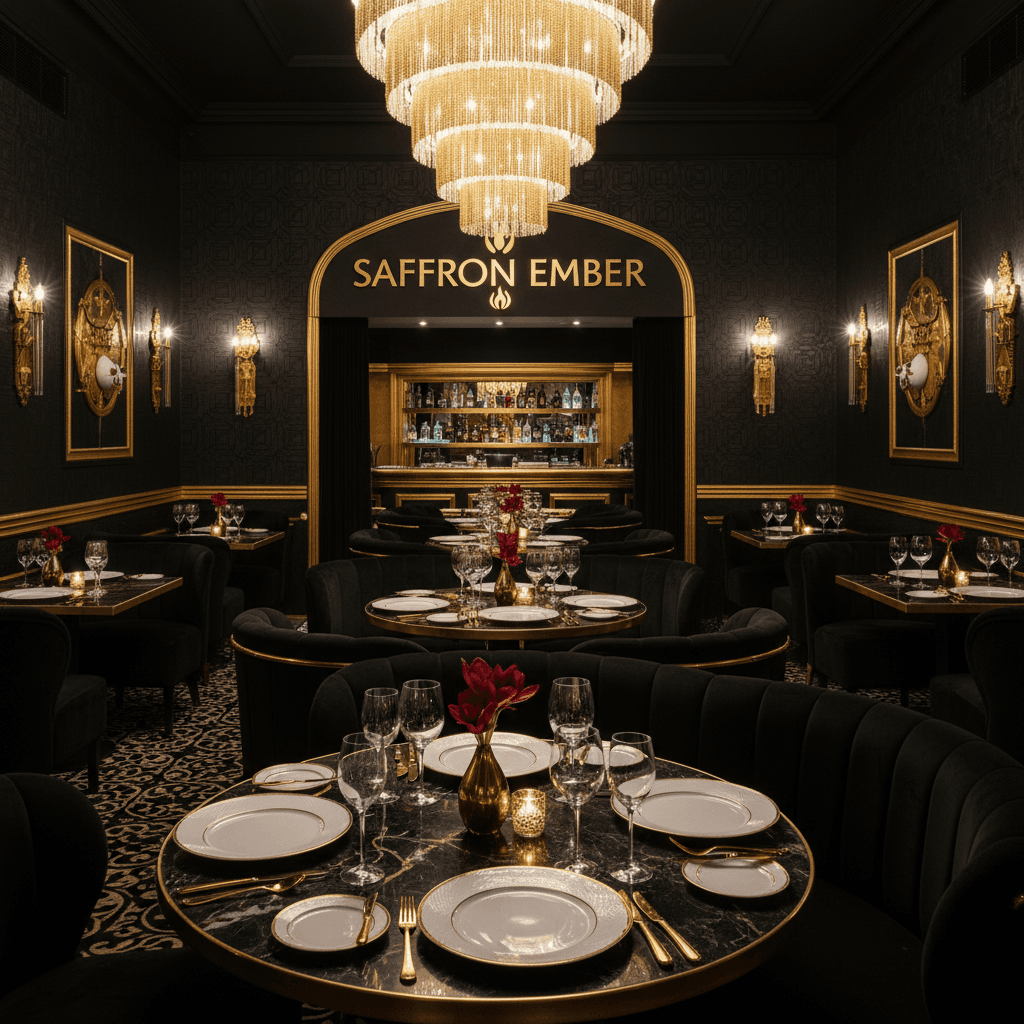 Luxurious black and gold dining room at Saffron Ember with elegant furnishings