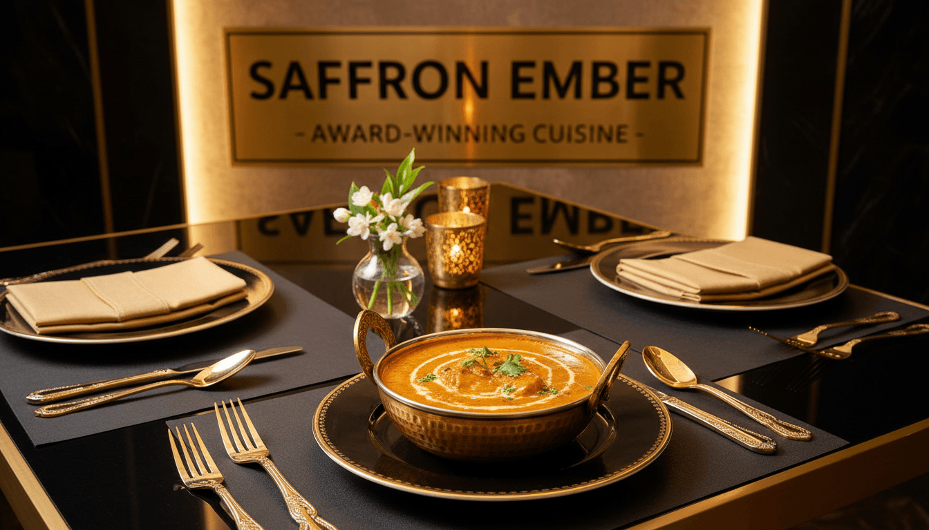 Golden butter chicken in a brass bowl on an elegant black and gold table setting