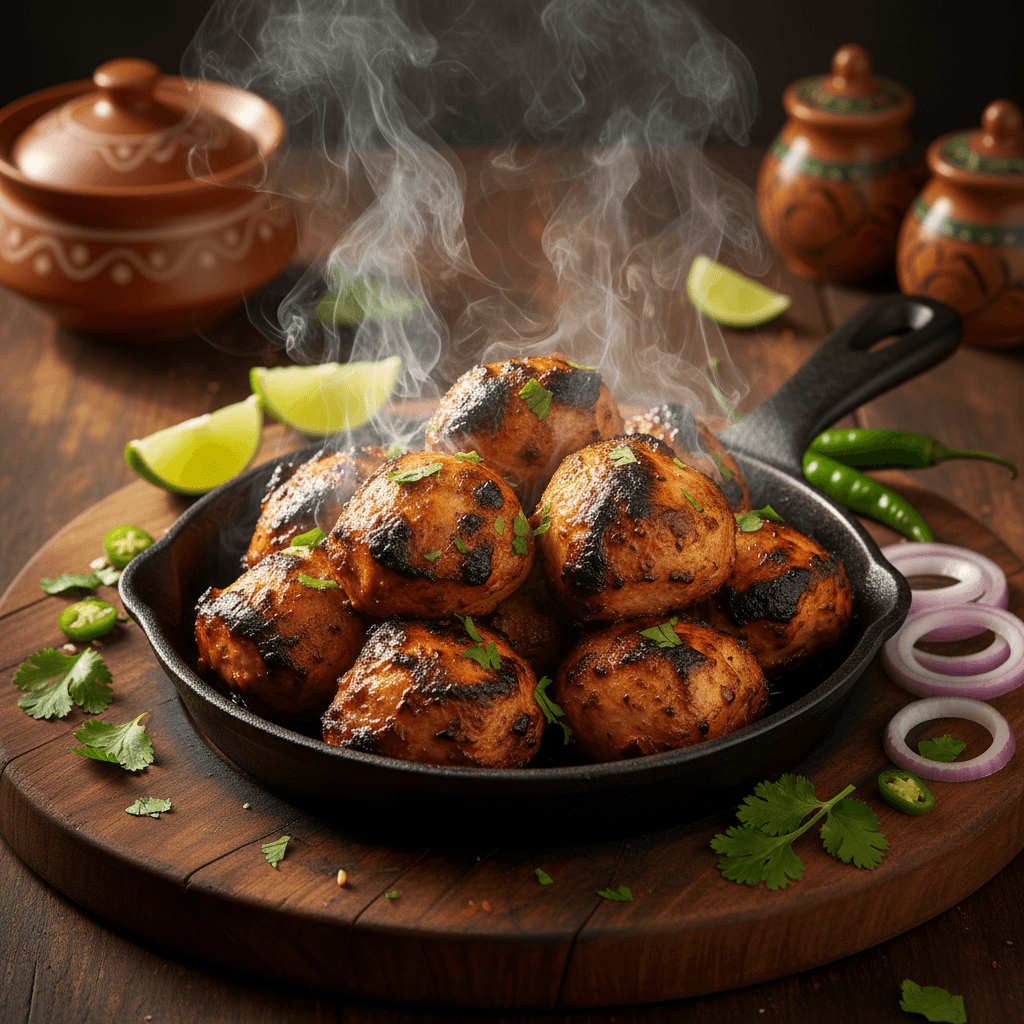 Char-grilled tandoori platter on black slate with smoke rising