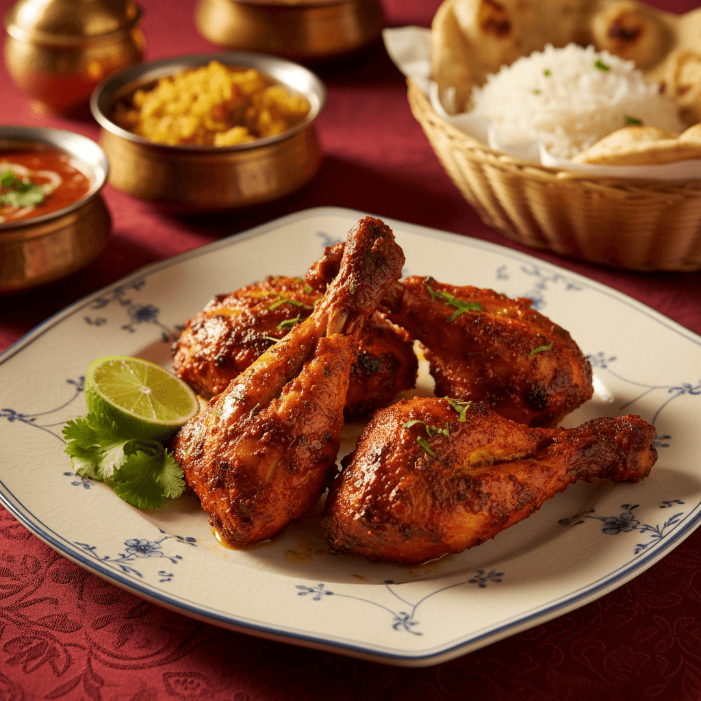 Close-up of perfectly tandoori-roasted chicken with spice crust, cilantro garnish, and lime wedge on ceramic plate