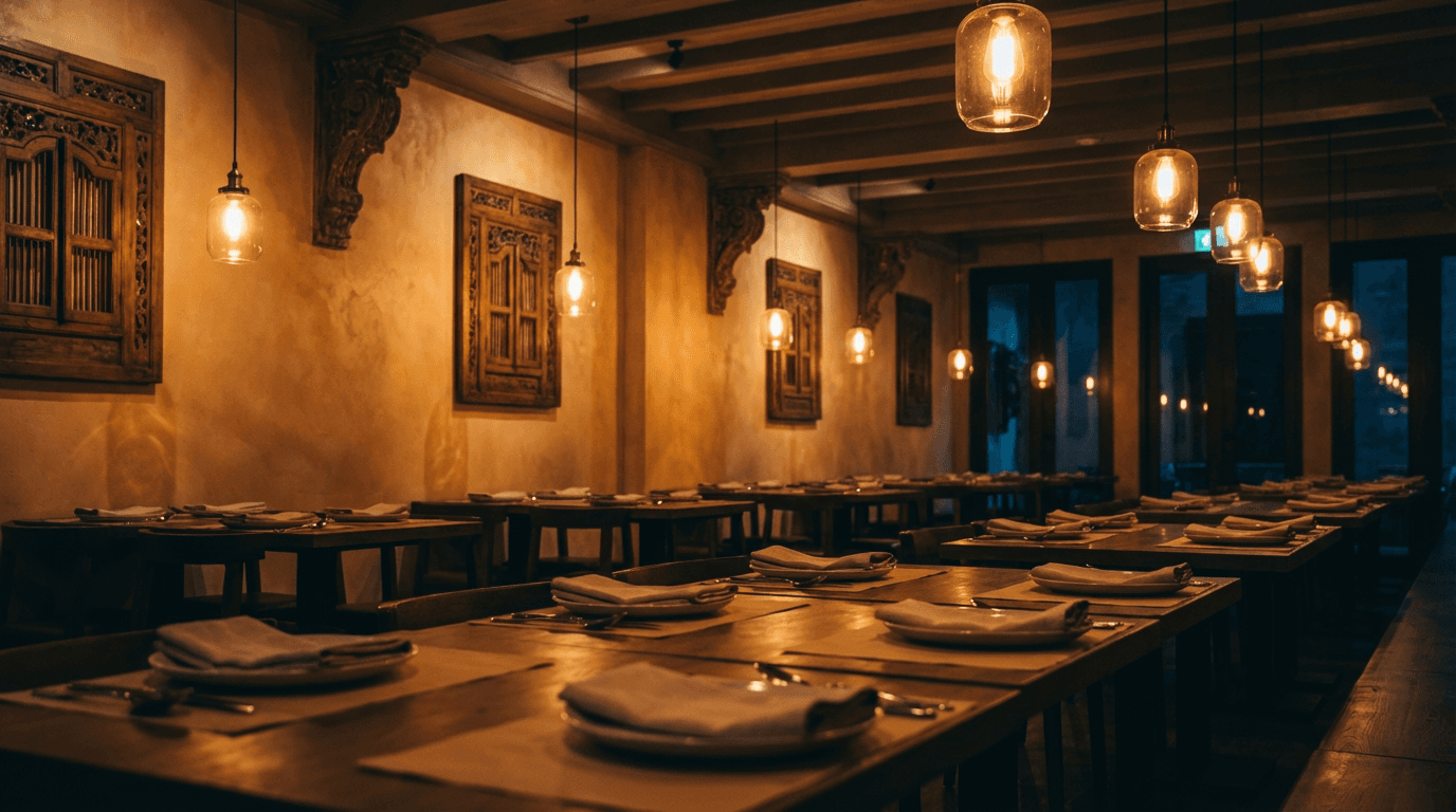 Elegant black and gold restaurant interior with candlelit table