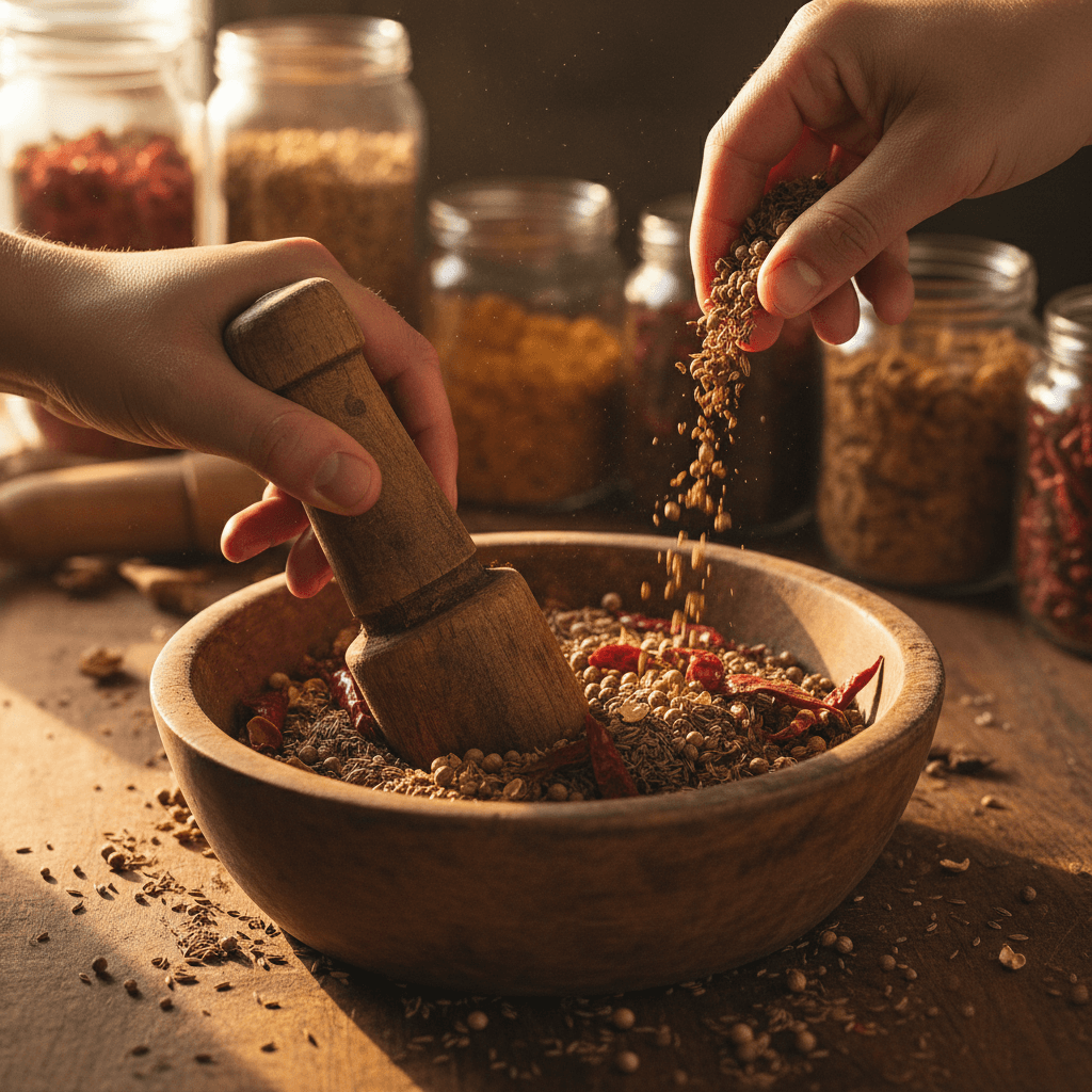 Fresh herbs being prepared with precision