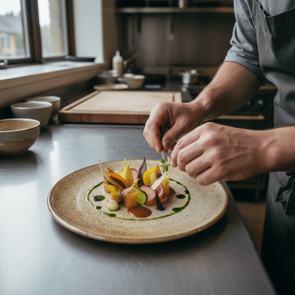 Chef holding a trophy among peers