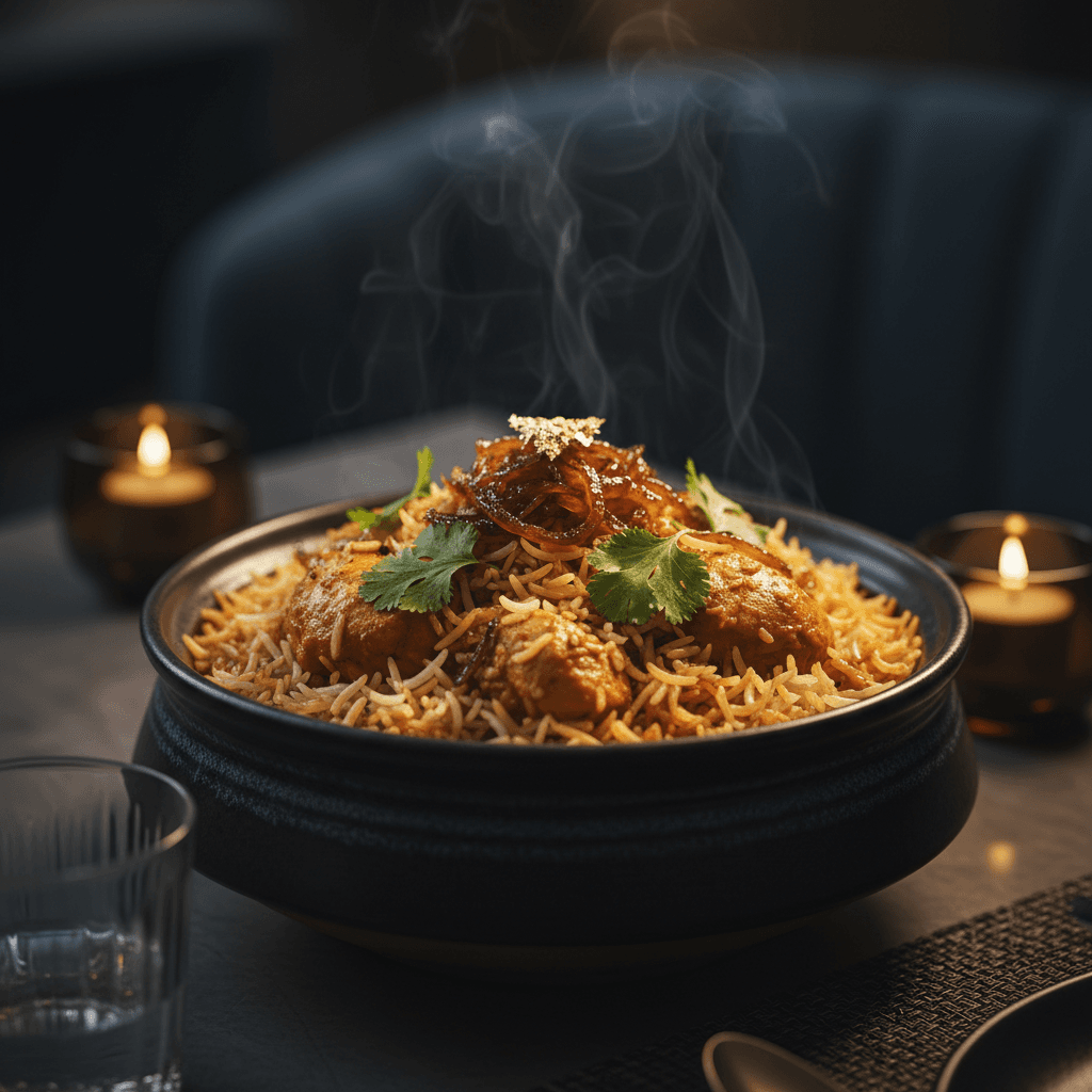 Biriyani plated in a luxury black and gold dining room
