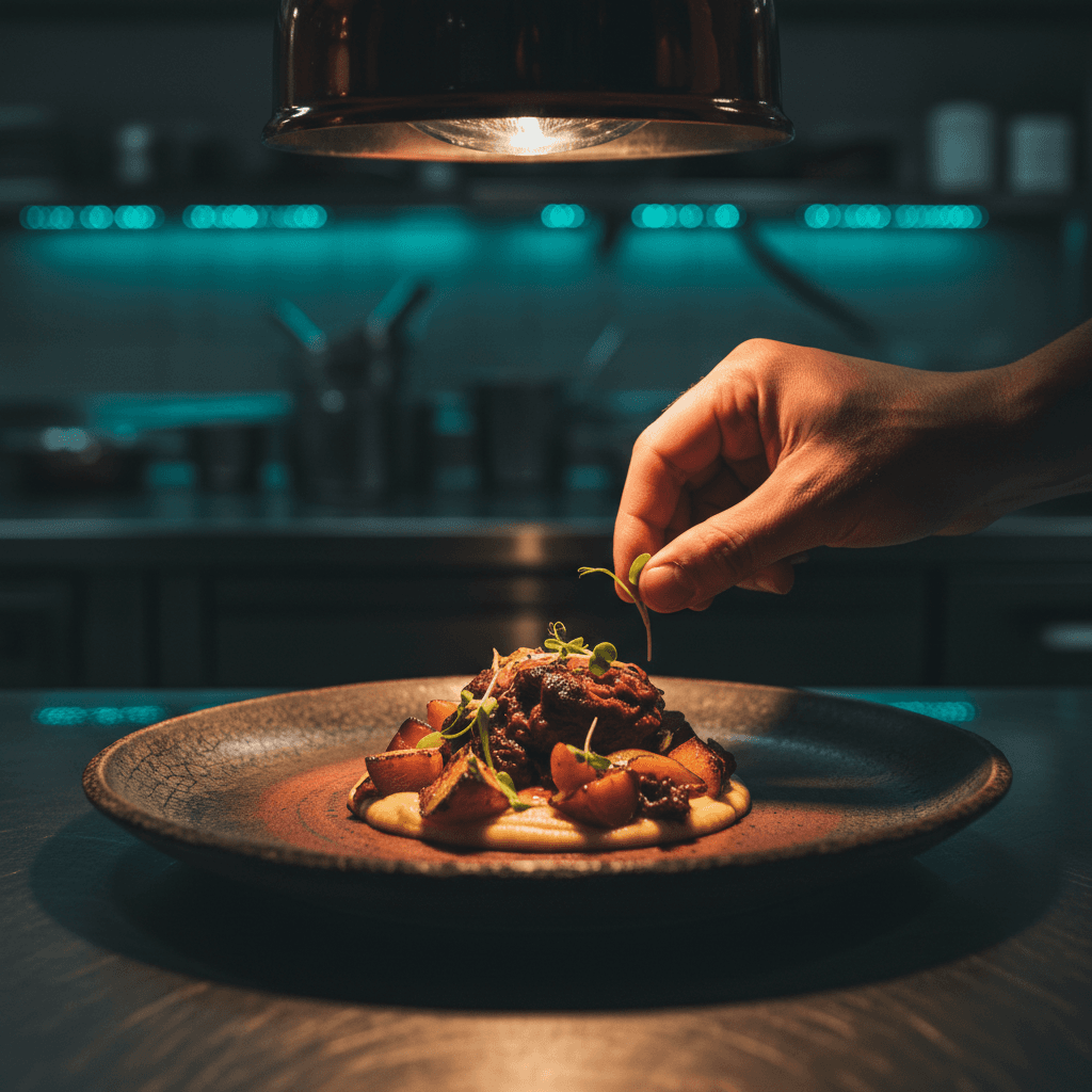 Chef plating a dish before service