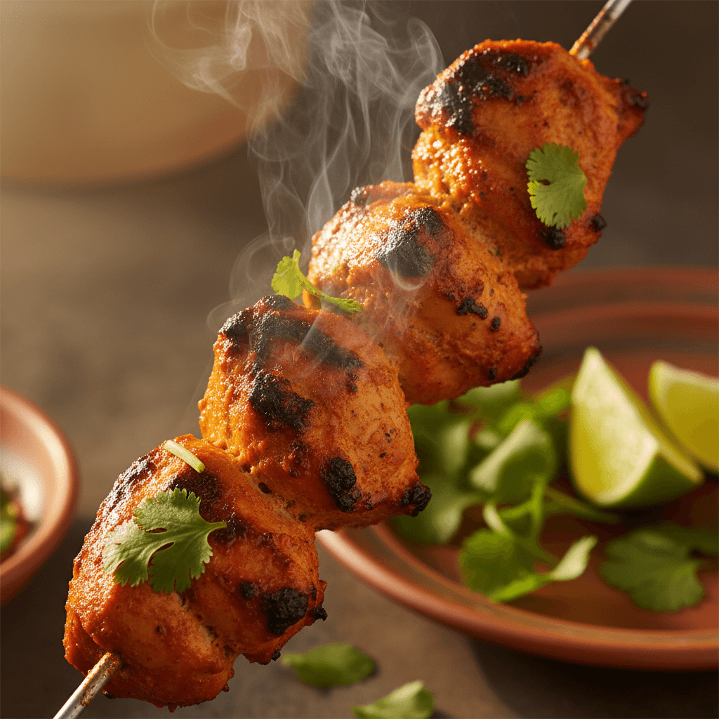 Char-grilled tandoori chicken skewers on a dark platter with fresh cilantro