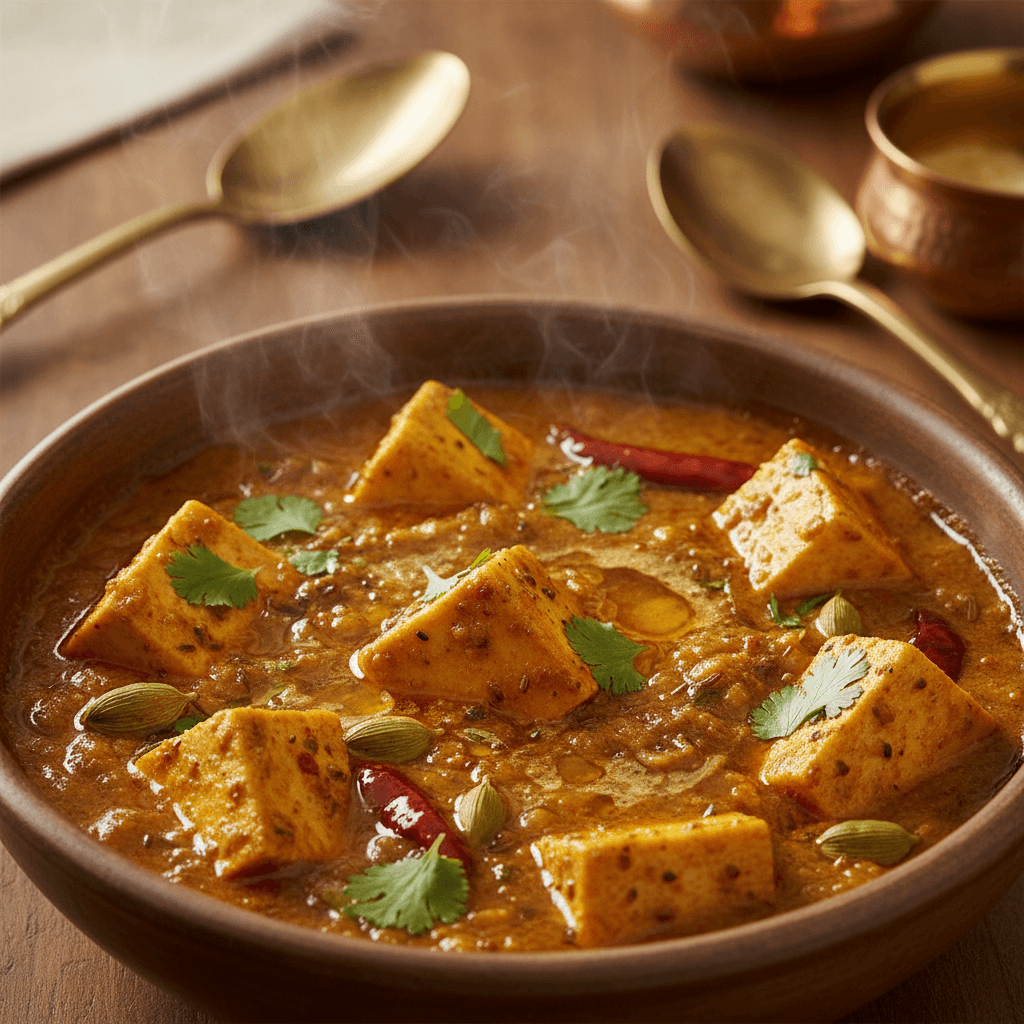 Close-up of traditional Indian curry with cilantro garnish and ghee drizzle in ceramic bowl with natural lighting