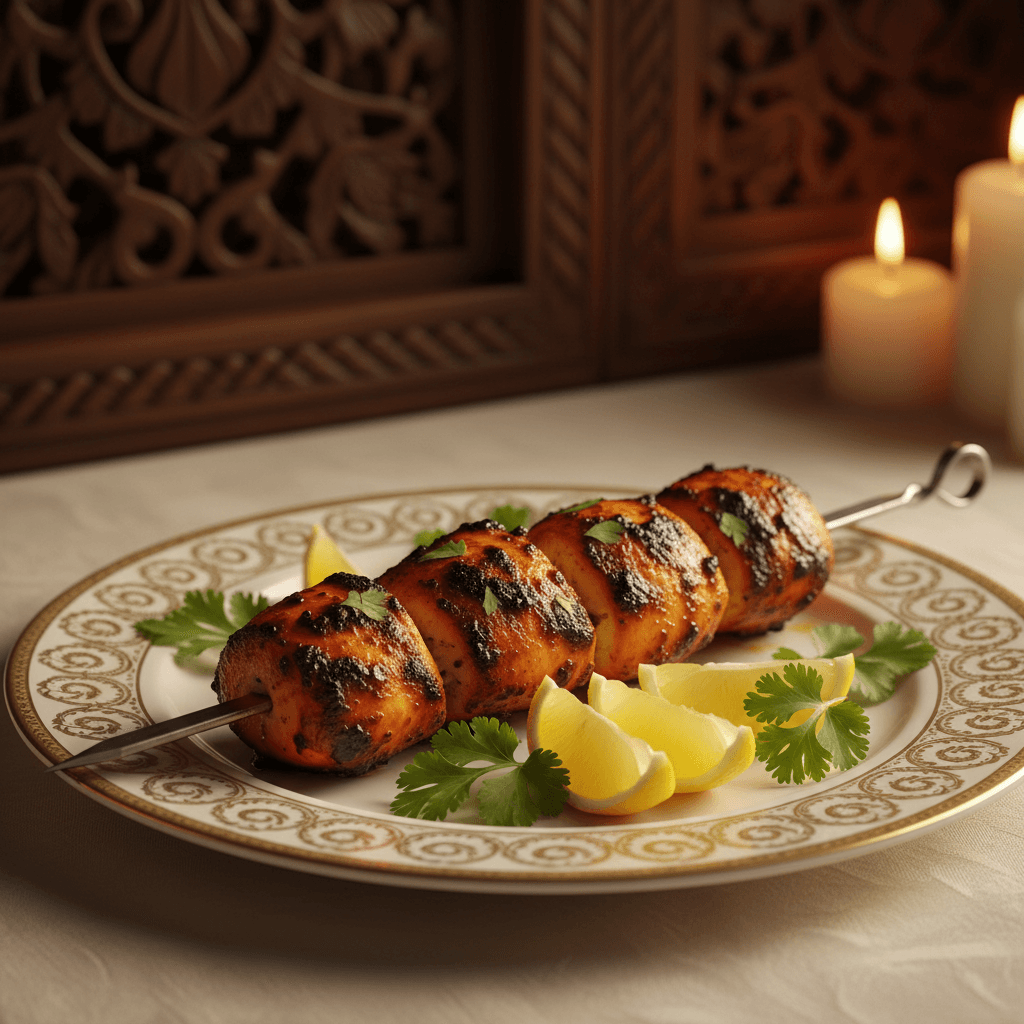 Sizzling tandoori platter with butter chicken and golden bread on a black marble table
