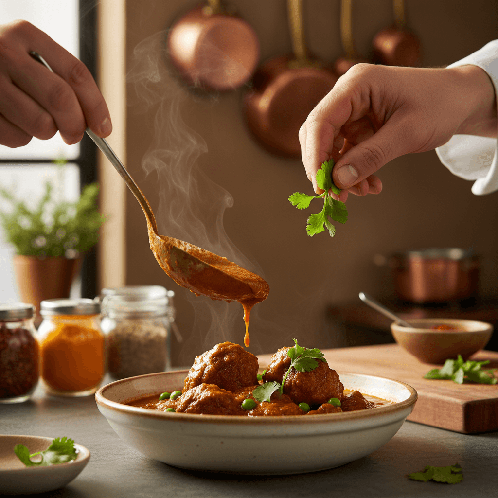Chef garnishing a curry bowl with micro herbs
